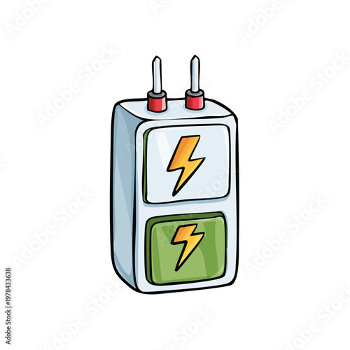 Cartoon electrical power supply unit with lightning bolt symbols on light blue and green panels