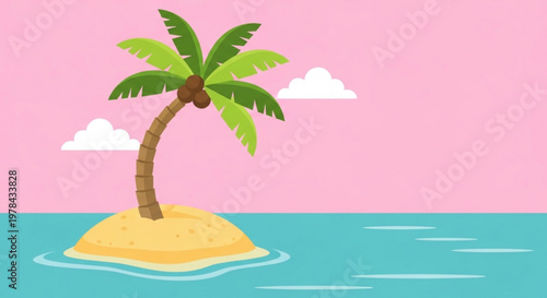 A serene tropical island with a solitary palm tree on a small sandy mound surrounded by turquoise water and pink sky