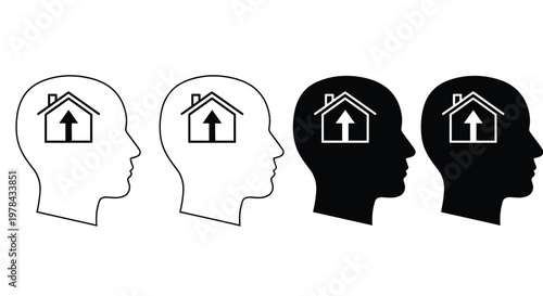Four head silhouettes depict varying degrees of darkness each containing a house with an upward arrow