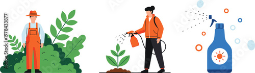 Gardener spraying plants with pesticide and cleaning solution concept, agriculture and plant protection illustration isolated vector for farming and maintenance design