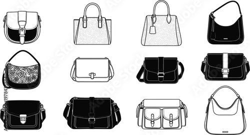 Technical fashion sketch collection of women handbags and shoulder bags in black and white line art for accessories tech pack design vector.