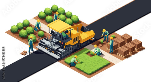Isometric illustration of road construction workers paving asphalt with a yellow roller compactor and laying grass and bricks