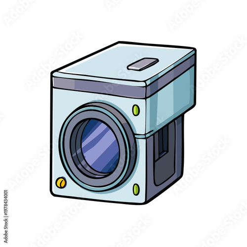 Stylized cartoon illustration of a compact digital camera with a prominent lens and light indicators against a white background