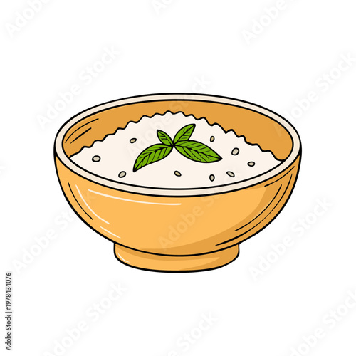 Simple hand-drawn illustration of a warm bowl of rice porridge with fresh green mint leaves and sesame seeds
