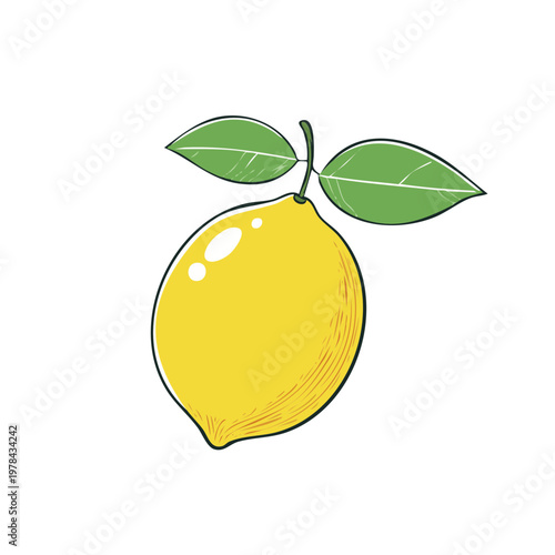 Bright yellow lemon with green leaves on a white background artistic illustration