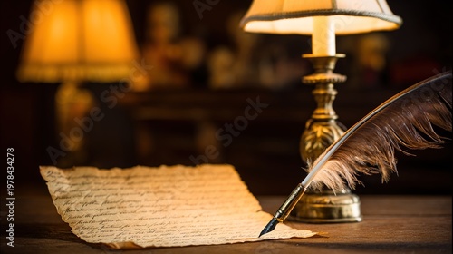 emancipation. A 19th century study with a quill pen and an aged manuscript on a desk. event programs, museum guides, designed for cultural heritage projects and event programs, preserves heritage.