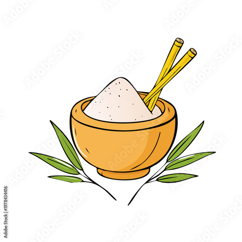 Illustration of a wooden bowl filled with powder, with bamboo sticks and leaves.