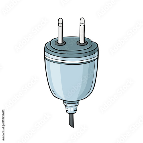 Illustration of a light blue European type power plug with two round prongs on a white background