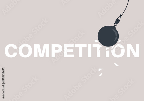 Quadro em tela A powerful wrecking ball swings dramatically toward the word 'competition,' representing an energetic clash of ideas, The backdrop exudes a lively atmosphere that sparks creativity