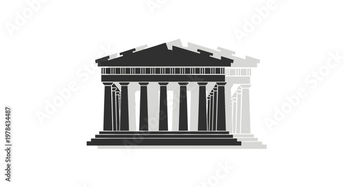 Black and white ancient Greek temple.