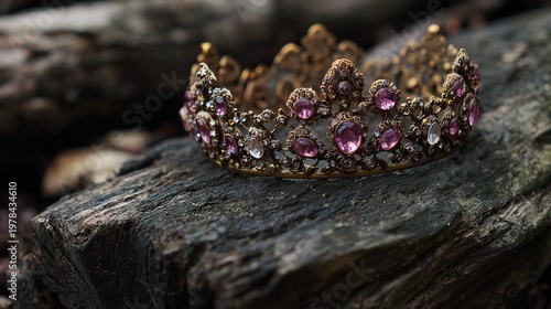 regalia. Jeweled antique crown resting on a rough, weathered tree stump in natural light. event programs, museum guides, designed for cultural heritage projects and event programs.
