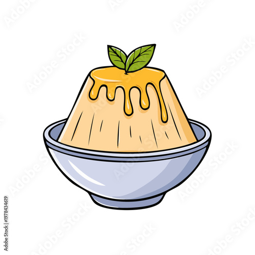 Delicious Sweet Dessert Pudding Topped with Glaze and Mint Leaf in Bowl