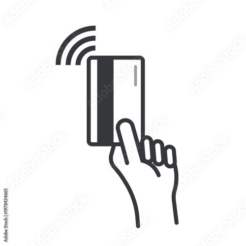 Isolated outline illustration of hand holding card tapping contactless reader representing digital payment, NFC transaction, and modern cashless payment system concept