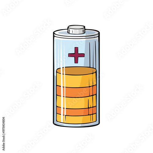 Transparent AA battery showing internal power cells and positive charge indicator in cartoon style