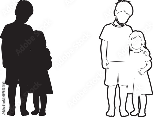 Contrast between unknown figures and familiar family illustration in silhouette and line art