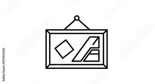 A simple line drawing depicts a framed artwork hanging on a wall showcasing abstract geometric shapes