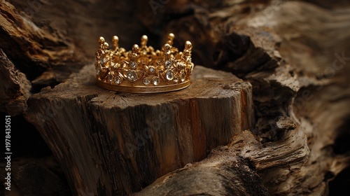 regalia. Jeweled antique crown resting on a rough, weathered tree stump in natural light. event programs, museum guides, designed for cultural heritage projects and event programs.