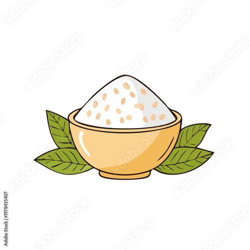 Bowl of White Powder with Seeds and Green Leaves Food Ingredient Illustration
