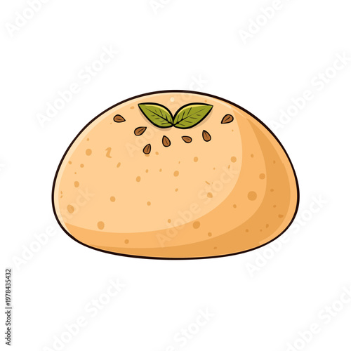 Hand drawn illustration of a golden round pastry with sesame seeds and fresh mint leaves on top