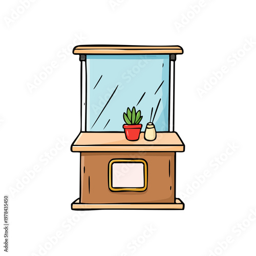 Hand-drawn illustration of a reception desk with a plant and air freshener