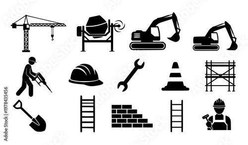 Construction silhouette icon set builder equipment vector