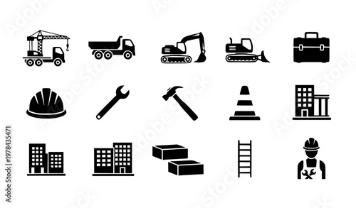 Construction industry silhouette icons black vector set