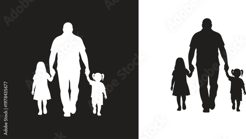 Family silhouette a father and two daughters walking together