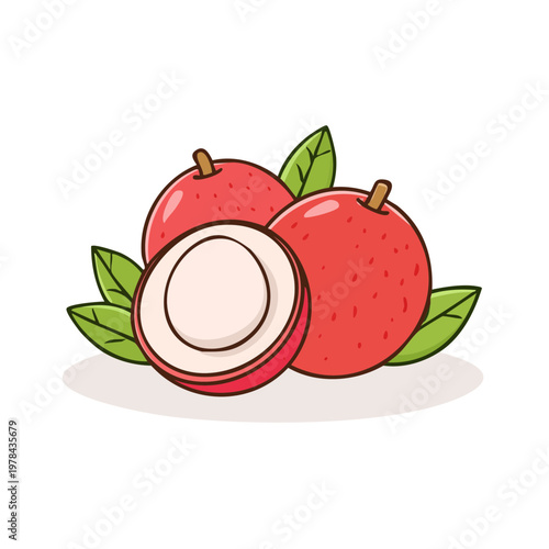 Illustration of three ripe lychees with one cut open revealing white flesh and green leaves