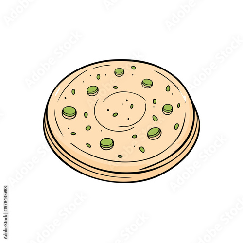Hand drawn illustration of a round Indian flatbread dish with green peas and spices