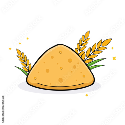 Triangular golden pancake or tortilla with wheat stalks and sparkling highlights