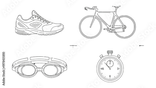 Essential Sport Accessories: A compilation of essential equipment for running, cycling, and swimming, including a running shoe, a racing bike, swim goggles, and a stopwatch.