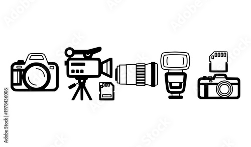 Modern camera outline icons with photography equipment vector set bold line design