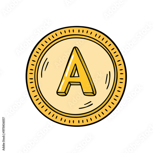Golden Coin with Letter A Symbol in Cartoon Style