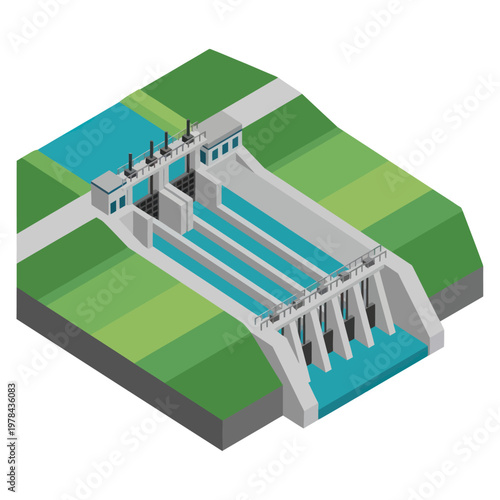 Hydroelectric Dam with Water Flow Illustration.