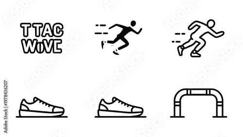 Athletic Sport Icon Collection: A comprehensive set of stylized monochrome icons, depicting elements of athletic activities, including running, footwear, and hurdles.