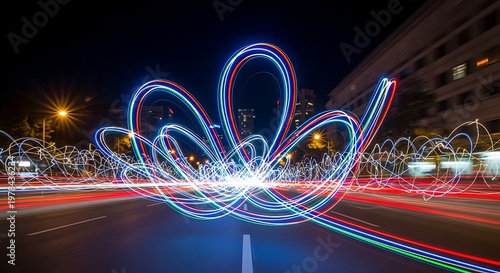 Wallpaper Mural Vibrant light trails forming dynamic curves on city road at night with blurred traffic and urban background Torontodigital.ca