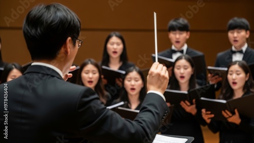 Music - Asian Choir Students Singing While Conductor Leads Performance with Baton in Concert Hall