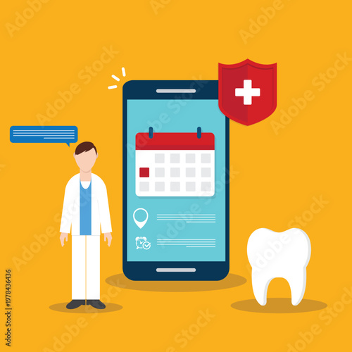 Dental appointment mobile app online booking dentist healthcare insurance protection concept