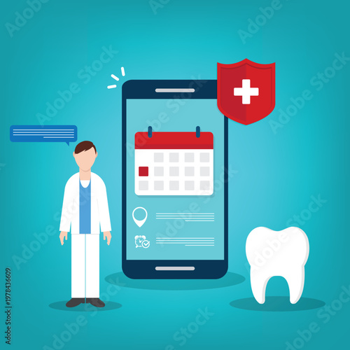 Dental appointment mobile app online booking dentist healthcare insurance protection concept