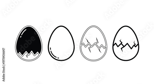 A series of four egg illustrations depicting stages of cracking from whole to fully broken