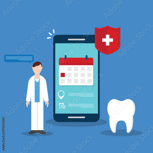 Dental appointment mobile app online booking dentist healthcare insurance protection concept