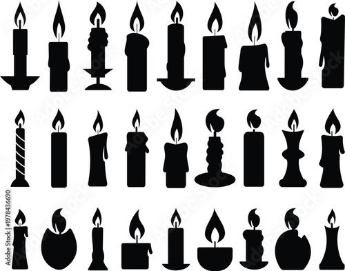 Candle flame icon set collection group, wax, light, fire, lantern, illumination symbols, decorative candles, burning wick shapes in flat and line style black vector illustration isolated
