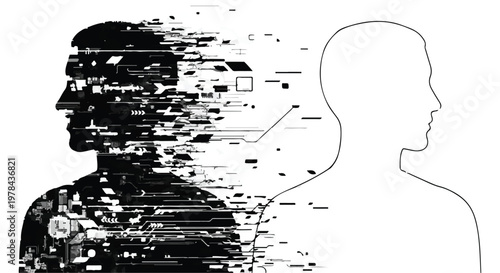 glitch human face transforming into digital outline