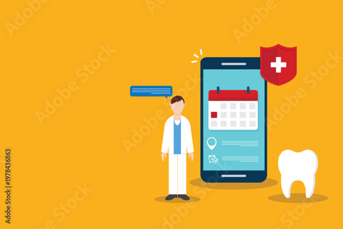 Dental appointment mobile app online booking dentist healthcare insurance protection concept