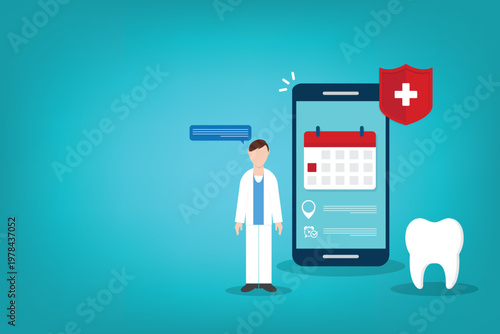 Dental appointment mobile app online booking dentist healthcare insurance protection concept