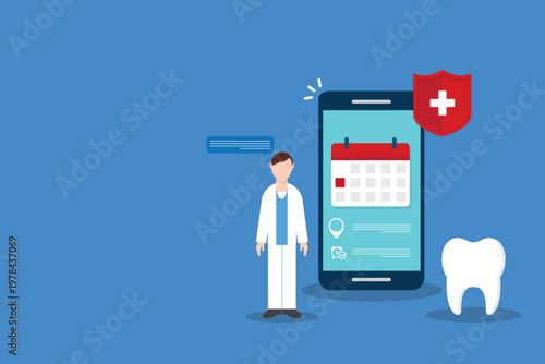 Dental appointment mobile app online booking dentist healthcare insurance protection concept