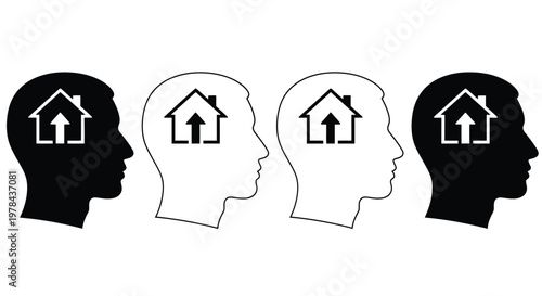 Four profiles depicting a house within the mind showcasing different tonal variations