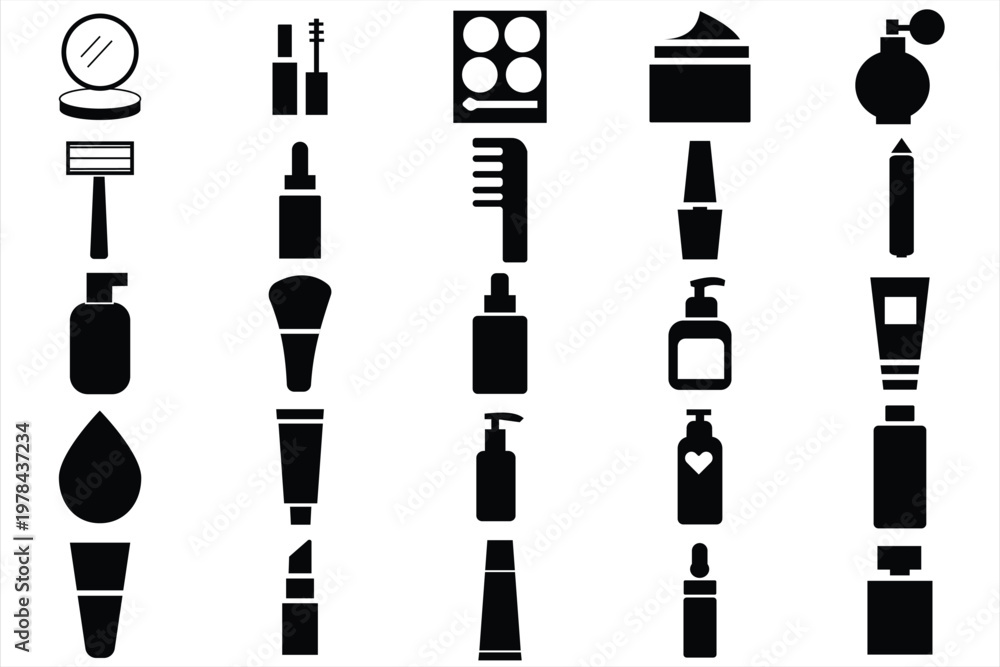 Naklejka premium Beauty and make up icons,Cosmetics icons set illustration,cosmetics silhouette icons featuring makeup and skincare essentials — noise-free, minimal, and perfect for commercial use. 