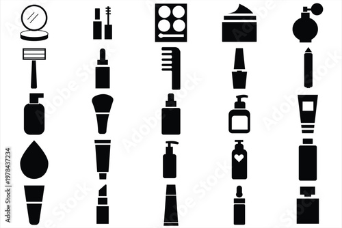 Beauty and make up icons,Cosmetics icons set illustration,cosmetics silhouette icons featuring makeup and skincare essentials — noise-free, minimal, and perfect for commercial use. 