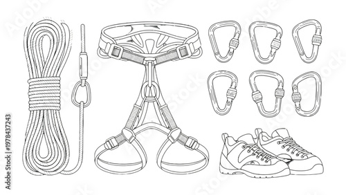Climbing Gear Illustration: Essential equipment for a climber, rendered in clean lines, showcases the tools for ascent and safety, inspiring adventure.
